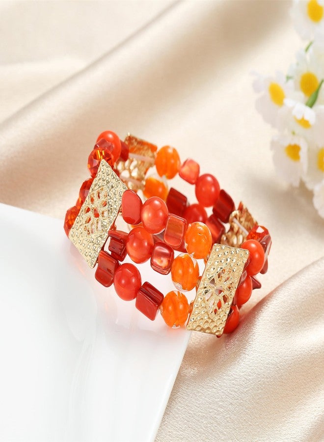 Xalroco Chunky Natural Shell Stone Beaded Stretch Bracelet for Women, Classy Boho Jewelry Gift (Orange) - Image 2